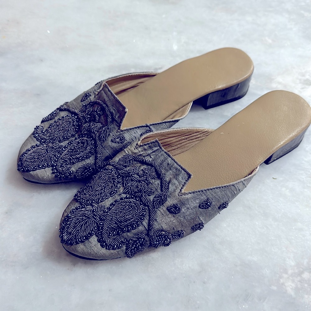 SAACHI Silk Embroidered Mules, Silver Size 8